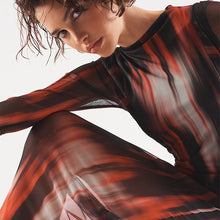 Load image into Gallery viewer, Red and Black Smudge Print Long Sleeve Mesh Midi Dress