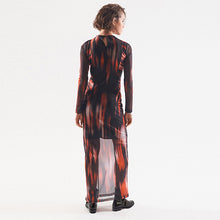 Load image into Gallery viewer, Red and Black Smudge Print Long Sleeve Mesh Midi Dress