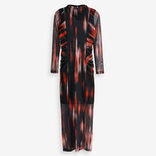 Load image into Gallery viewer, Red and Black Smudge Print Long Sleeve Mesh Midi Dress