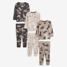 Load image into Gallery viewer, Neutral/Black Dinosaur Long Sleeve 3 Pack Pyjamas Set (9mths-6yrs)
