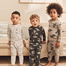 Load image into Gallery viewer, Neutral/Black Dinosaur Long Sleeve 3 Pack Pyjamas Set (9mths-6yrs)