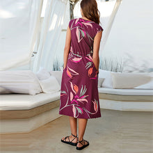Load image into Gallery viewer, Berry Red Floral Short Sleeve 100% Cotton Belted T-Shirt Midi Summer Dress