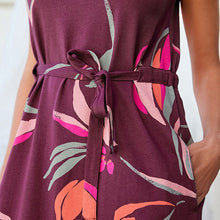 Load image into Gallery viewer, Berry Red Floral Short Sleeve 100% Cotton Belted T-Shirt Midi Summer Dress