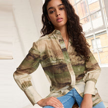 Load image into Gallery viewer, Green Scenic Print Sheer Long Sleeve Oversized Shirt