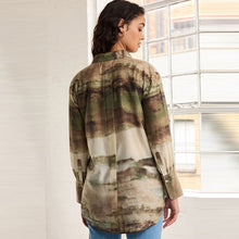 Load image into Gallery viewer, Green Scenic Print Sheer Long Sleeve Oversized Shirt