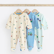 Load image into Gallery viewer, Bright Transport 100% Cotton Baby Sleepsuits 3 Pack