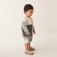 Load image into Gallery viewer, Mineral Blue/Mint Green Oversized Colourblock 100% Cotton Sweatshirt and Shorts Set