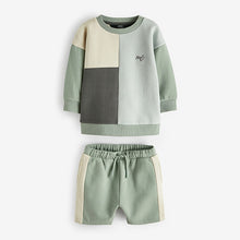 Load image into Gallery viewer, Mineral Blue/Mint Green Oversized Colourblock 100% Cotton Sweatshirt and Shorts Set
