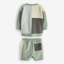 Load image into Gallery viewer, Mineral Blue/Mint Green Oversized Colourblock 100% Cotton Sweatshirt and Shorts Set
