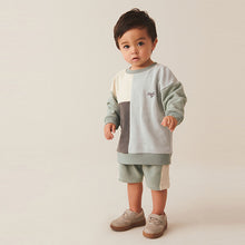 Load image into Gallery viewer, Mineral Blue/Mint Green Oversized Colourblock 100% Cotton Sweatshirt and Shorts Set