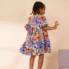 Load image into Gallery viewer, Purple Tropical Print Short Sleeve 100% Cotton Jersey Dress (3-12yrs)