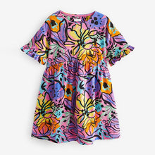 Load image into Gallery viewer, Purple Tropical Print Short Sleeve 100% Cotton Jersey Dress (3-12yrs)