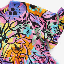 Load image into Gallery viewer, Purple Tropical Print Short Sleeve 100% Cotton Jersey Dress (3-12yrs)