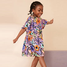 Load image into Gallery viewer, Purple Tropical Print Short Sleeve 100% Cotton Jersey Dress (3-12yrs)