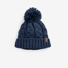 Load image into Gallery viewer, Navy Blue Knitted Cable Pom Hat (1-13yrs)