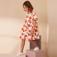 Load image into Gallery viewer, Cream Strawberry Print Short Sleeve 100% Cotton Jersey Dress (3-12yrs)