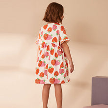 Load image into Gallery viewer, Cream Strawberry Print Short Sleeve 100% Cotton Jersey Dress (3-12yrs)
