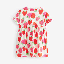 Load image into Gallery viewer, Cream Strawberry Print Short Sleeve 100% Cotton Jersey Dress (3-12yrs)