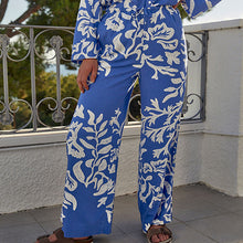 Load image into Gallery viewer, Blue/White Print Wide Leg Linen Blend Trouser