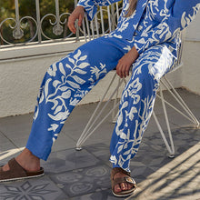 Load image into Gallery viewer, Blue/White Print Wide Leg Linen Blend Trouser