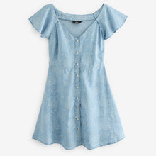 Load image into Gallery viewer, Blue Floral Print Denim TENCEL™ Mini Tea Dress