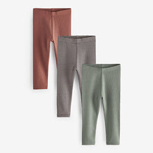 Load image into Gallery viewer, Rust Brown/Sage Green Stripe All Over Print Ribbed Leggings 3 Pack (6mths-5yrs)