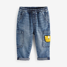 Load image into Gallery viewer, Mid Blue Denim with Tiger 100% Cotton Cargo Jeans (3mths-6yrs)