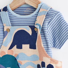 Load image into Gallery viewer, Blue/Neutral Dino Baby Jersey Dungarees and Bodysuit Set