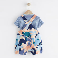 Load image into Gallery viewer, Blue/Neutral Dino Baby Jersey Dungarees and Bodysuit Set