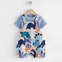 Load image into Gallery viewer, Blue/Neutral Dino Baby Jersey Dungarees and Bodysuit Set