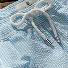 Load image into Gallery viewer, Blue and White Seersucker Striped Premium Swim Shorts