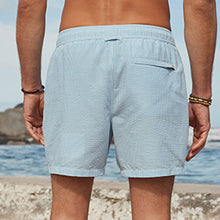 Load image into Gallery viewer, Blue and White Seersucker Striped Premium Swim Shorts
