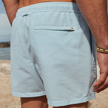 Load image into Gallery viewer, Blue and White Seersucker Striped Premium Swim Shorts