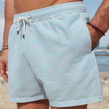 Load image into Gallery viewer, Blue and White Seersucker Striped Premium Swim Shorts