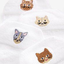 Load image into Gallery viewer, White/Cats Embroidered Motif Trainers Socks 4 Pack