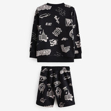 Load image into Gallery viewer, Black All-Over Printed Crew Neck Sweatshirt and Shorts Set (3-12yrs)