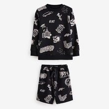 Load image into Gallery viewer, Black All-Over Printed Crew Neck Sweatshirt and Shorts Set (3-12yrs)