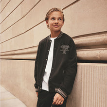 Load image into Gallery viewer, Black Subscribe Varsity Bomber Jacket