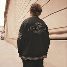 Load image into Gallery viewer, Black Subscribe Varsity Bomber Jacket