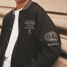 Load image into Gallery viewer, Black Subscribe Varsity Bomber Jacket