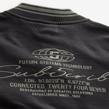 Load image into Gallery viewer, Black Subscribe Varsity Bomber Jacket