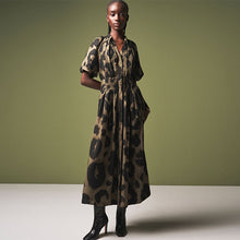 Load image into Gallery viewer, Khaki Green Animal Print Puff Sleeve Midi Dress