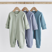 Load image into Gallery viewer, Blue / Grey 100% Cotton Baby Zip Sleepsuits 3 Pack