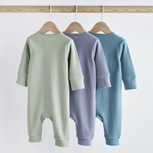 Load image into Gallery viewer, Blue / Grey 100% Cotton Baby Zip Sleepsuits 3 Pack