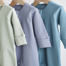 Load image into Gallery viewer, Blue / Grey 100% Cotton Baby Zip Sleepsuits 3 Pack