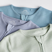 Load image into Gallery viewer, Blue / Grey 100% Cotton Baby Zip Sleepsuits 3 Pack