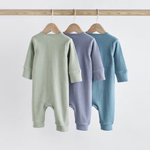 Load image into Gallery viewer, Blue / Grey 100% Cotton Baby Zip Sleepsuits 3 Pack