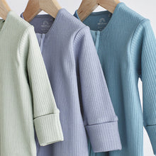 Load image into Gallery viewer, Blue / Grey 100% Cotton Baby Zip Sleepsuits 3 Pack