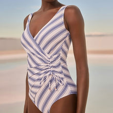 Load image into Gallery viewer, Blue/White Stripe Ruched Side Tummy Shaping Control Swimsuit