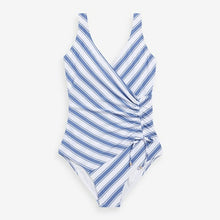 Load image into Gallery viewer, Blue/White Stripe Ruched Side Tummy Shaping Control Swimsuit